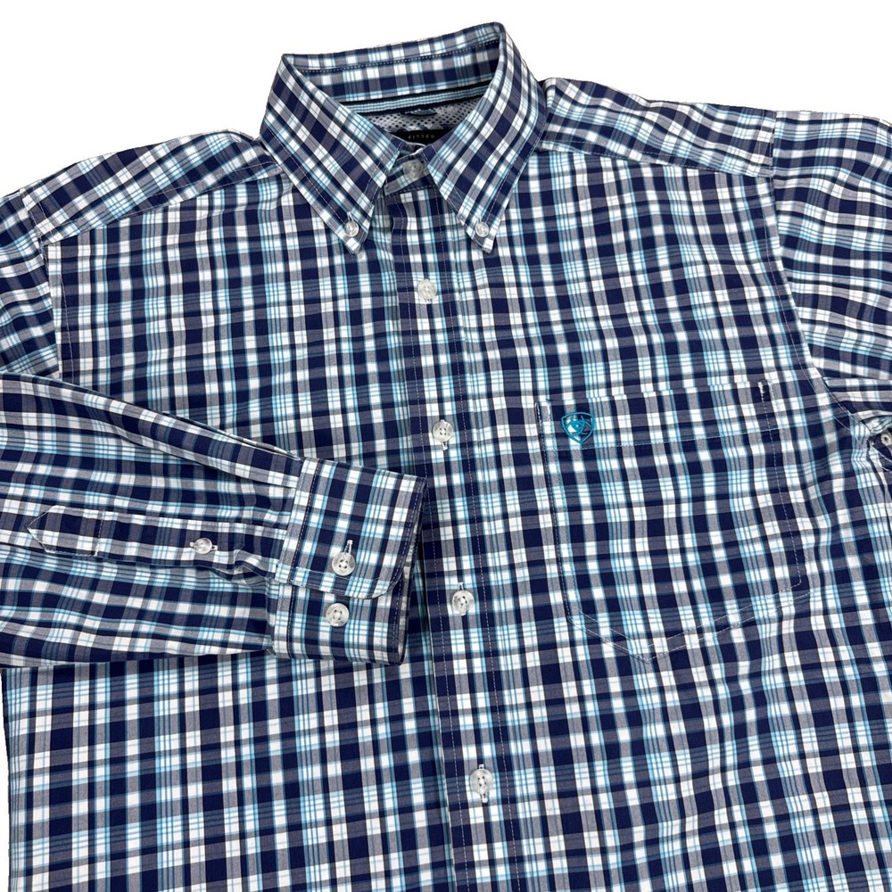 Ariat Shirt Men's M Blue Plaid Fitted Long Sleeve Pro Series Embroidered Logo